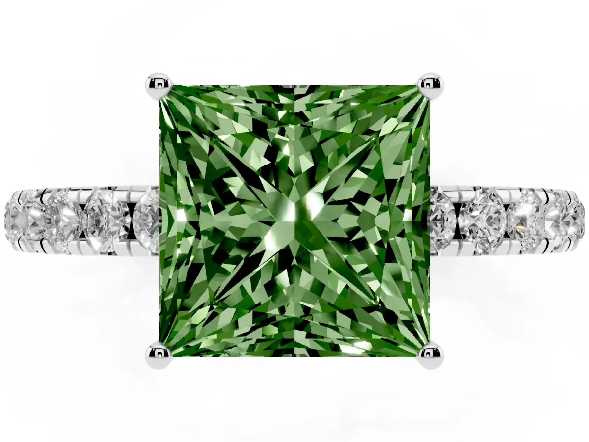 Fancy Green Princess Cut Diamond Pavé Solitaire Engagement Ring with Four-Prong Setting Silver