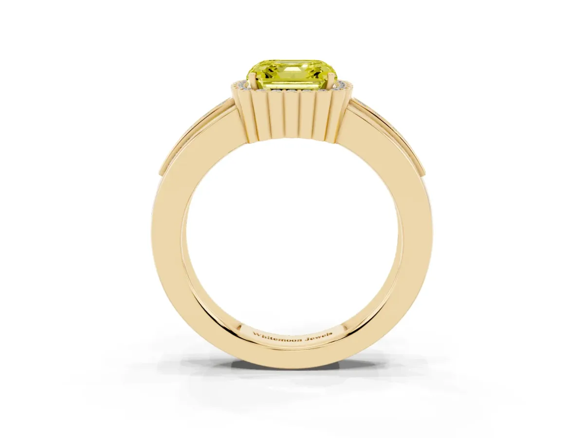 Fancy Yellow Asscher Cut Cut Halo Pave Band Four-Prong Ring Yellow gold
