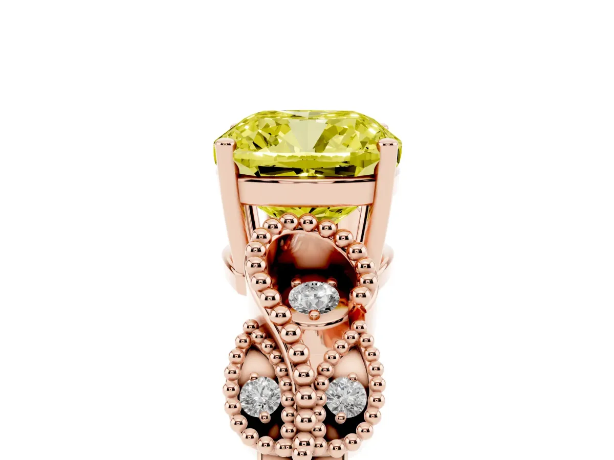 Fancy Yellow Cushion Cut Solitaire Milgrain Leaf Band with Prong Setting Rose gold