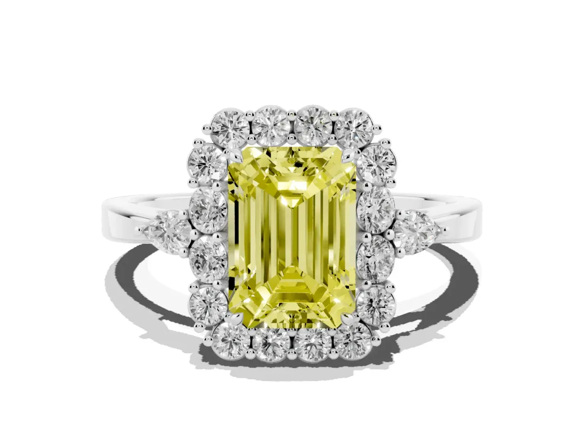 Fancy Yellow Emerald Cut Diamond Halo Ring with Pear Side Stones and Prong Setting Silver