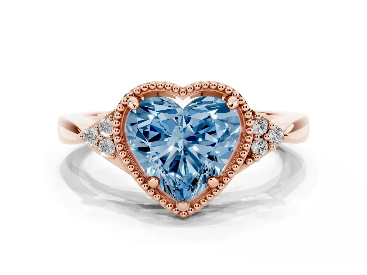 Fancy Blue Hexagonal Halo Heart Cut Diamond Solitaire with Pavé Band and Four-Prong Setting Rose gold