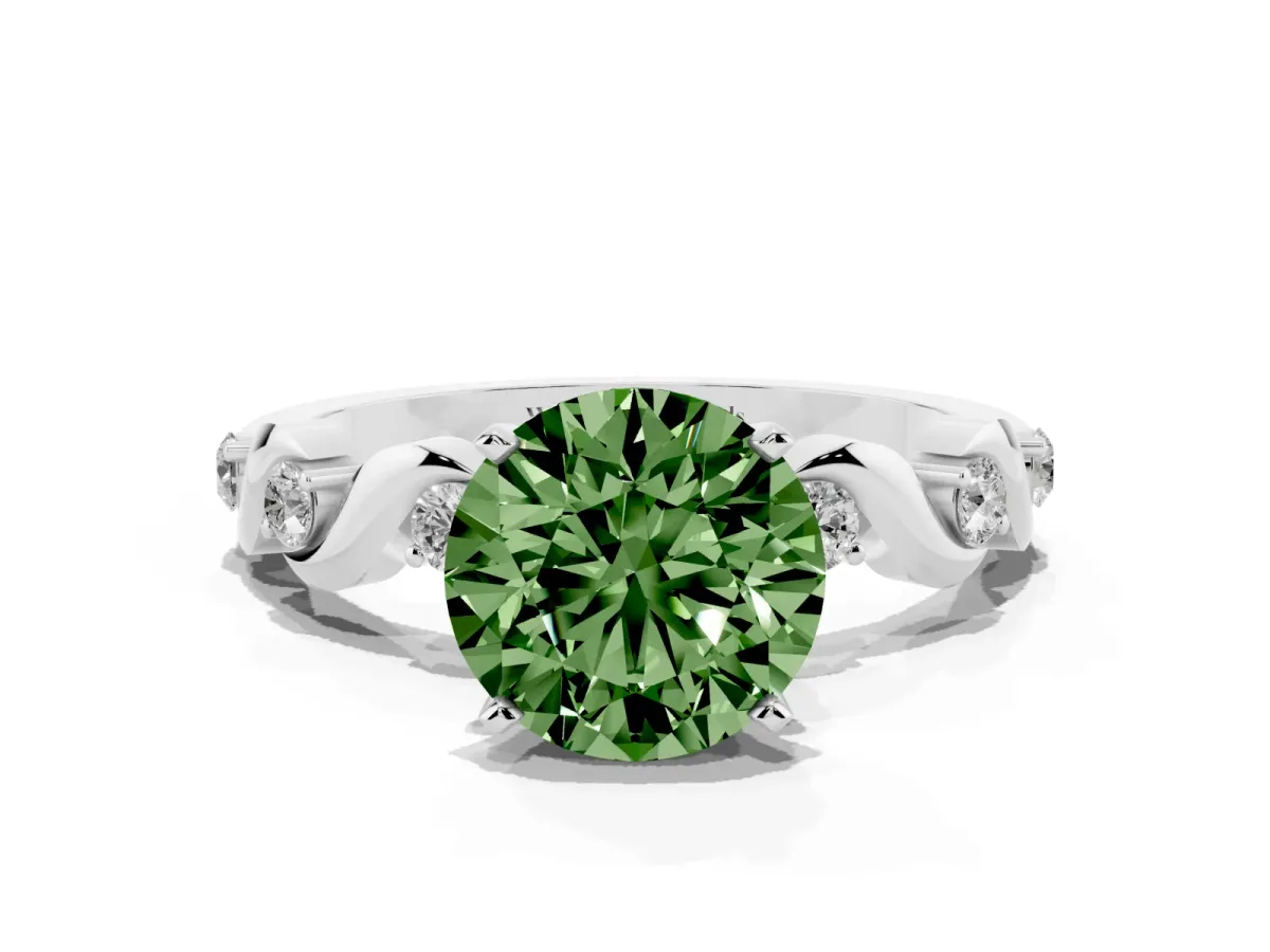 Fancy Green Round Cut Diamond Solitaire Twisted Band with Round Accents and Prong Setting Silver