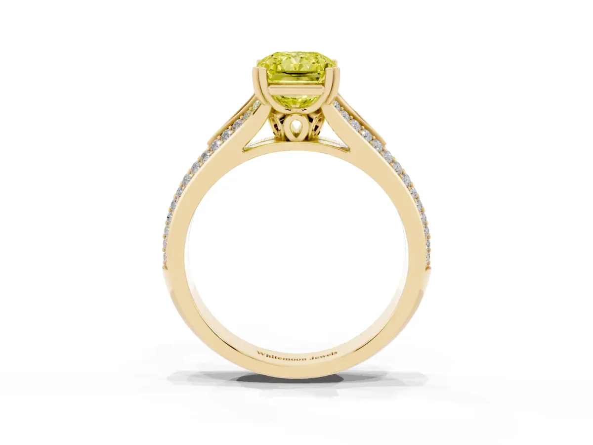 Fancy Yellow Radiant Cut Diamond Split Shank Engagement Ring with Pavé Band Yellow gold