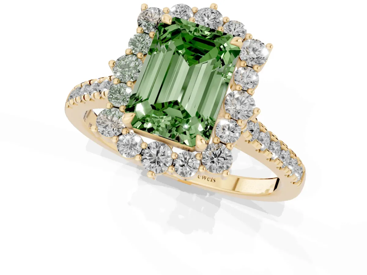 Fancy Green Emerald Cut Halo Diamond Ring with Pavé Band and Prong Setting Yellow gold