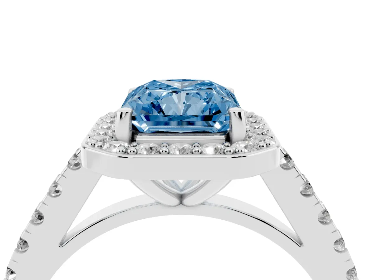 Fancy Blue Radiant Cut Diamond Halo Ring with Round Pavé Split Shank and Prong Setting Silver