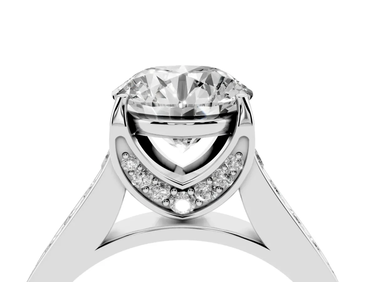 Round Cut Brilliant Cut Diamond Engagement Ring with Pavé Band and Four-Prong Setting Platinum