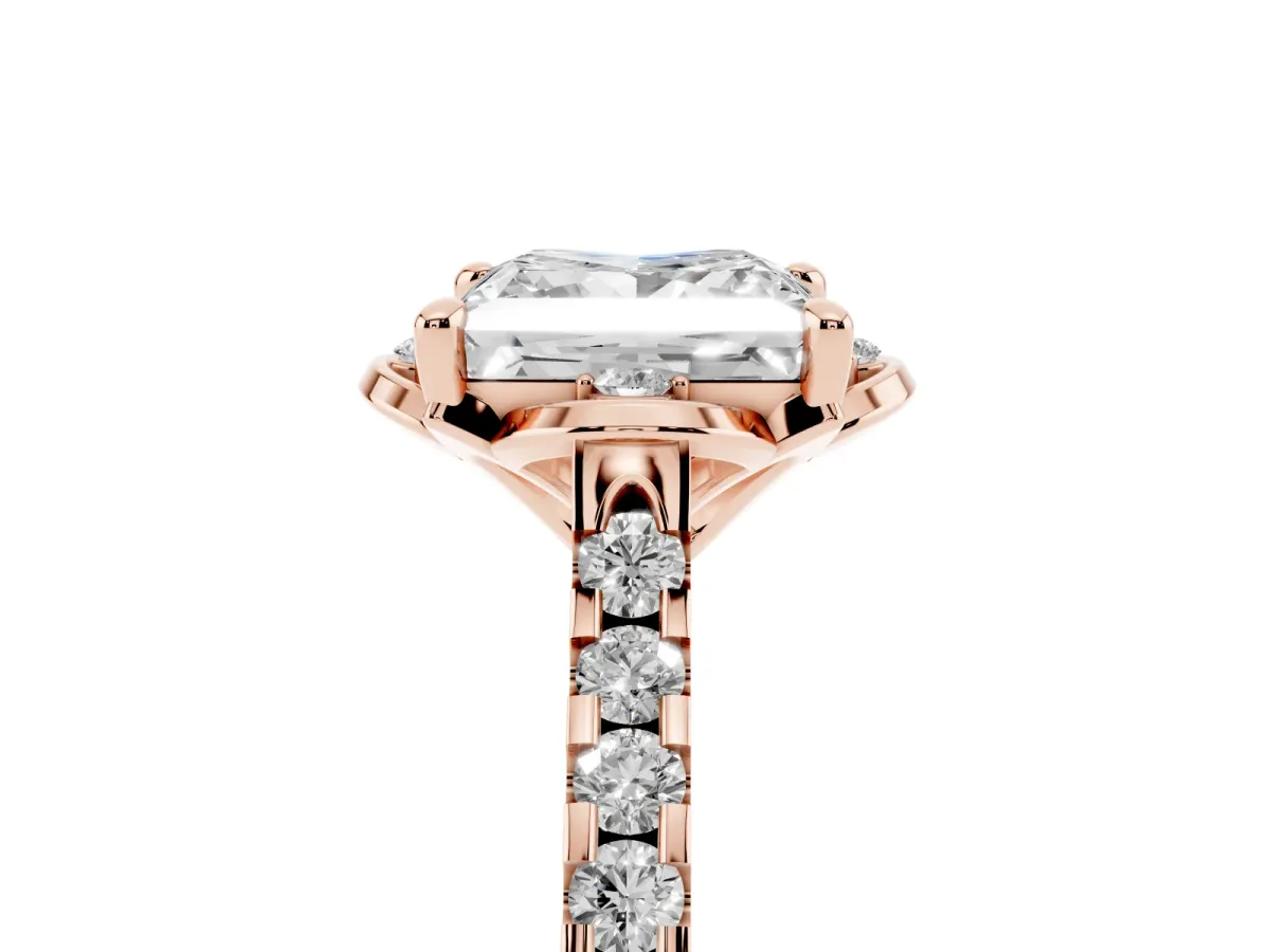 Princess Cut Diamond Ring with Pavé Band and Floral Prong Setting Rose gold