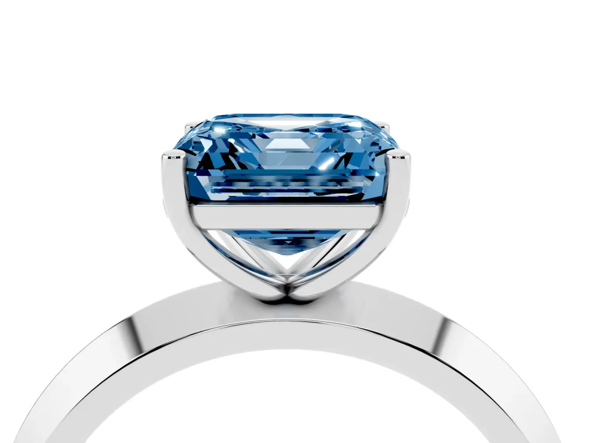 Fancy Blue Asscher Cut Cut Solitaire Engagement Ring with Flat Band and Four-Prong Setting Silver