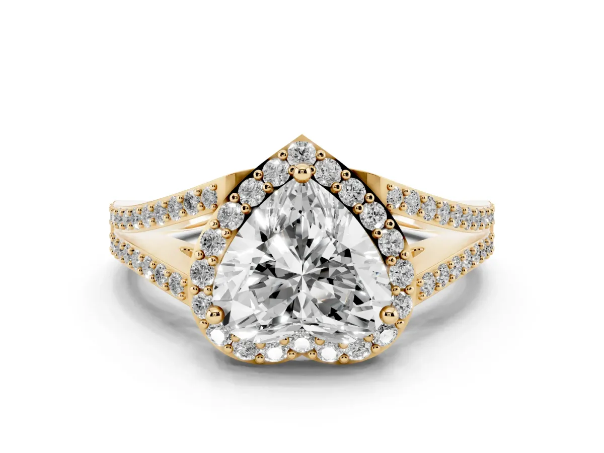 Heart Cut Halo Split Shank Pave Diamond Ring with Four-Prong Setting Yellow gold
