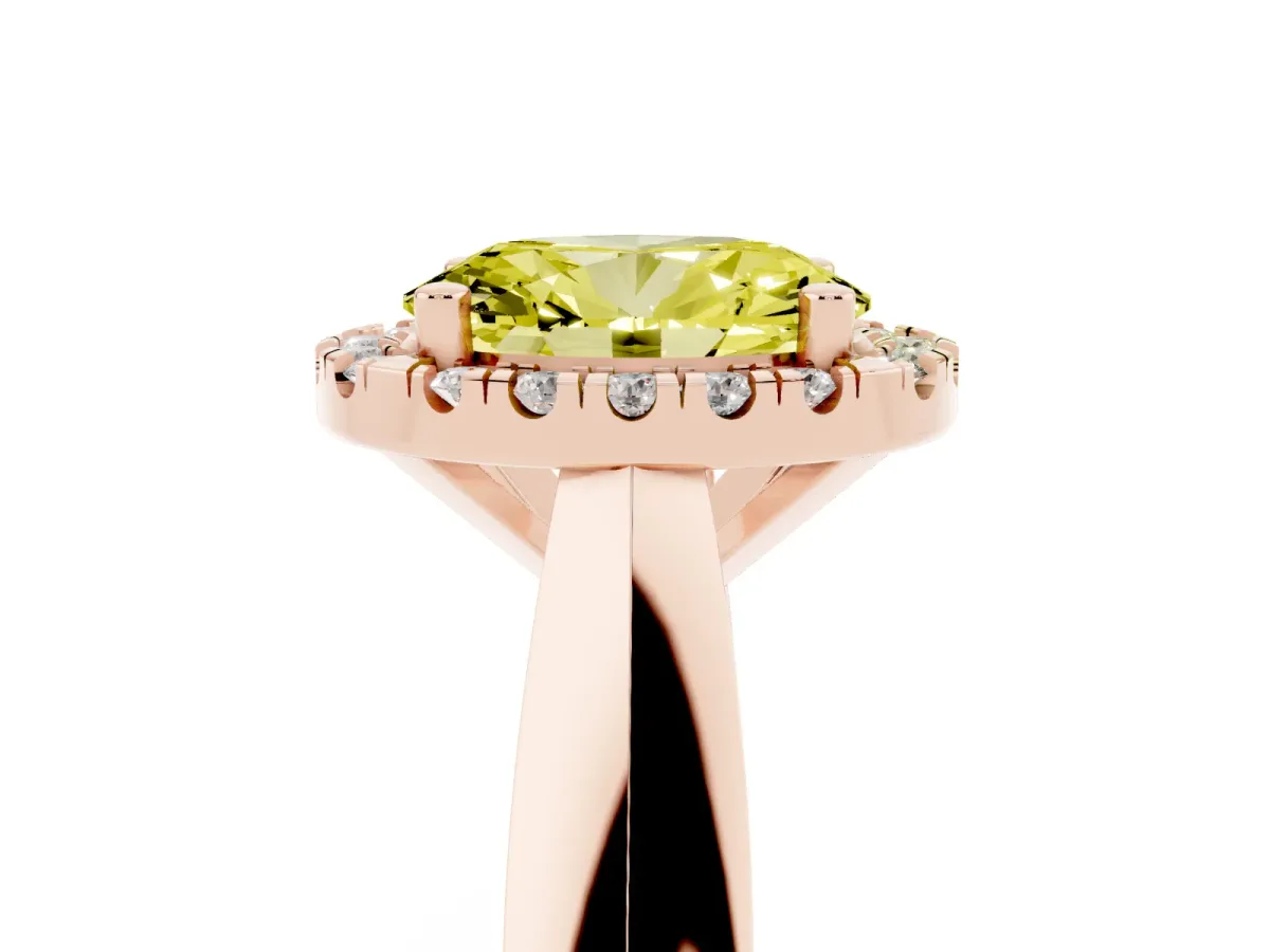 Fancy Yellow Oval Cut Cut Halo Solitaire Engagement Ring with Square Band and Four-Prong Setting Rose gold