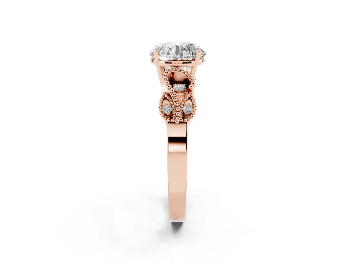 Round Cut Solitaire Milgrain Leaf Band with Prong Setting Rose gold