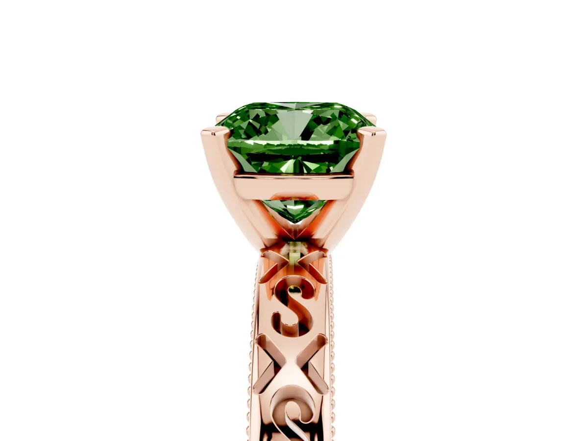 Fancy Green Cushion Cut Solitaire Engagement Ring with Scrollwork Band and Four-Prong Setting Rose gold