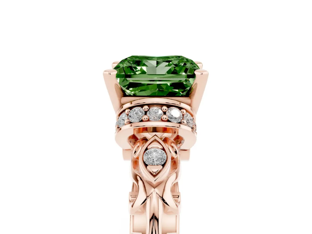 Fancy Green Princess Cut Diamond Solitaire Ring with Filigree Band and Four-Prong Setting Rose gold