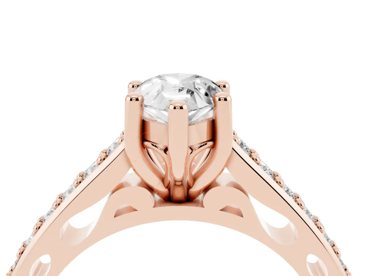 Pear Cut Solitaire Prong Set Diamond Engagement Ring with Pave Band Rose gold