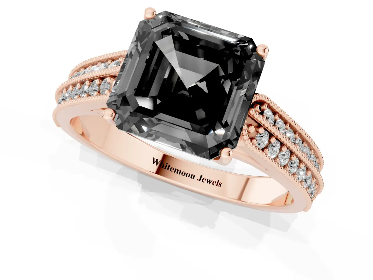 Fancy Black Asscher Cut Cut Pave Split Shank Engagement Ring with Four-Prong Setting Rose gold