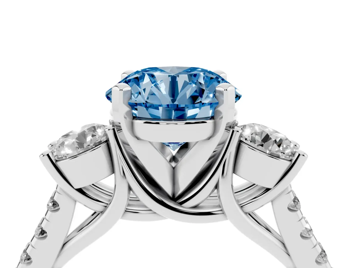 Fancy Blue Three-Stone Round Cut Diamond Pavé Band with Four-Prong Setting Silver