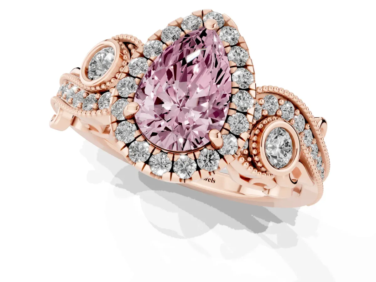 Fancy Pink Pear Cut Diamond Halo Ring with Milgrain Pavé Band and Four-Prong Setting Rose gold