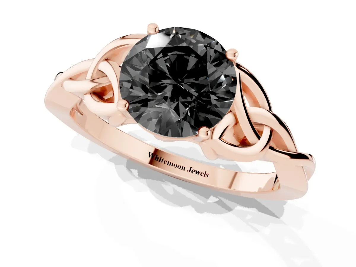 Fancy Black Round Cut Diamond Solitaire Engagement Ring with Celtic Knot Band and Four-Prong Setting Rose gold