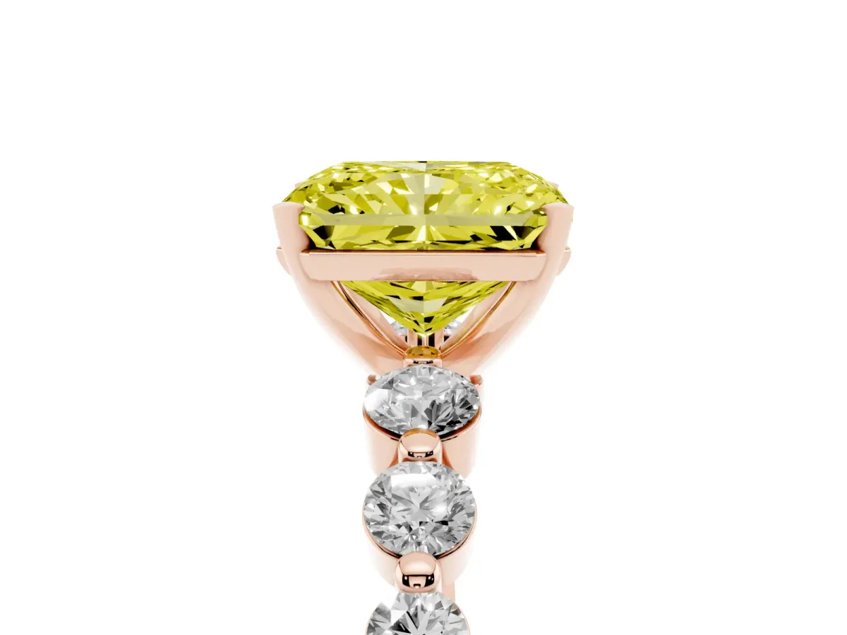 Fancy Yellow Radiant Cut Solitaire Diamond Ring with Pave Band and Four-Prong Setting Rose gold