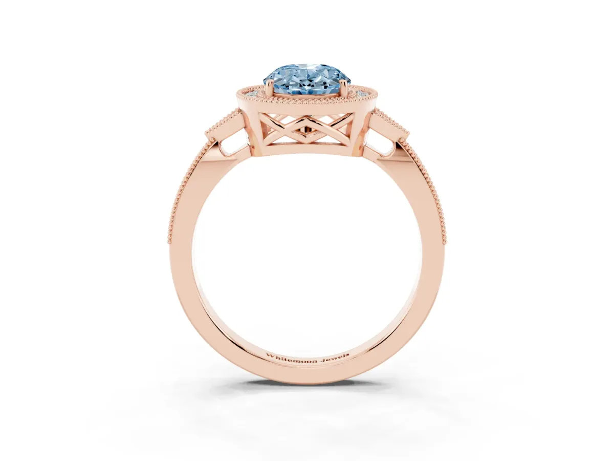 Fancy Blue Oval Cut Halo Round Diamond Milgrain Pave Engagement Ring Rose gold