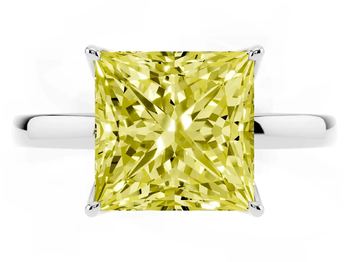 Fancy Yellow Princess Cut Diamond Solitaire Ring with Thin Band and Prong Setting Silver