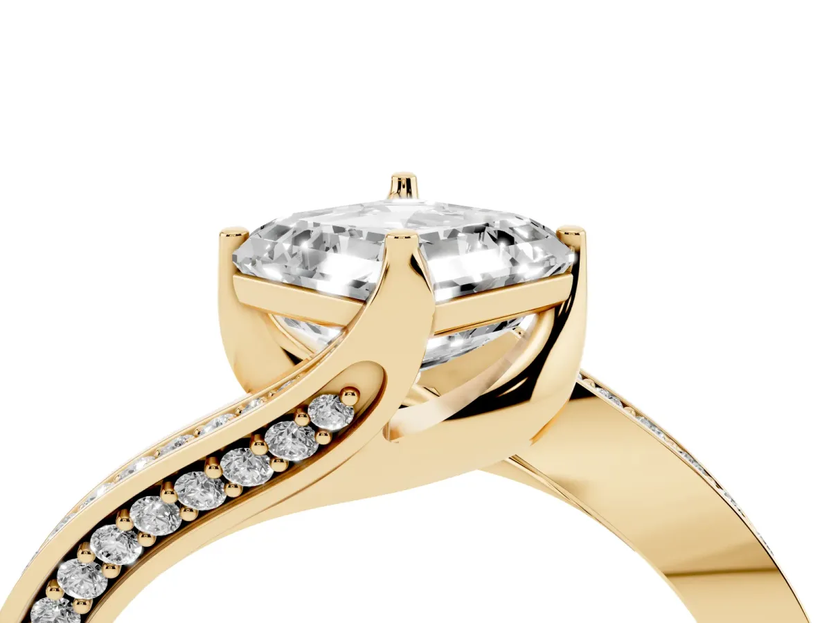Asscher Cut Solitaire Diamond Twist Band with Pavé Setting and Four-Prong Setting Yellow gold