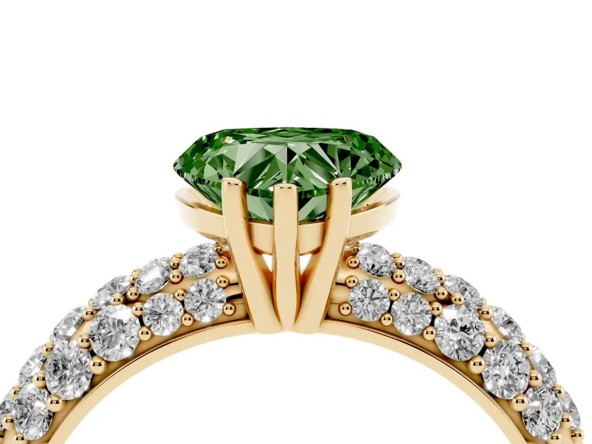 Fancy Green Heart Cut Diamond Pavé Band Solitaire Ring with Four-Prong Setting Yellow gold