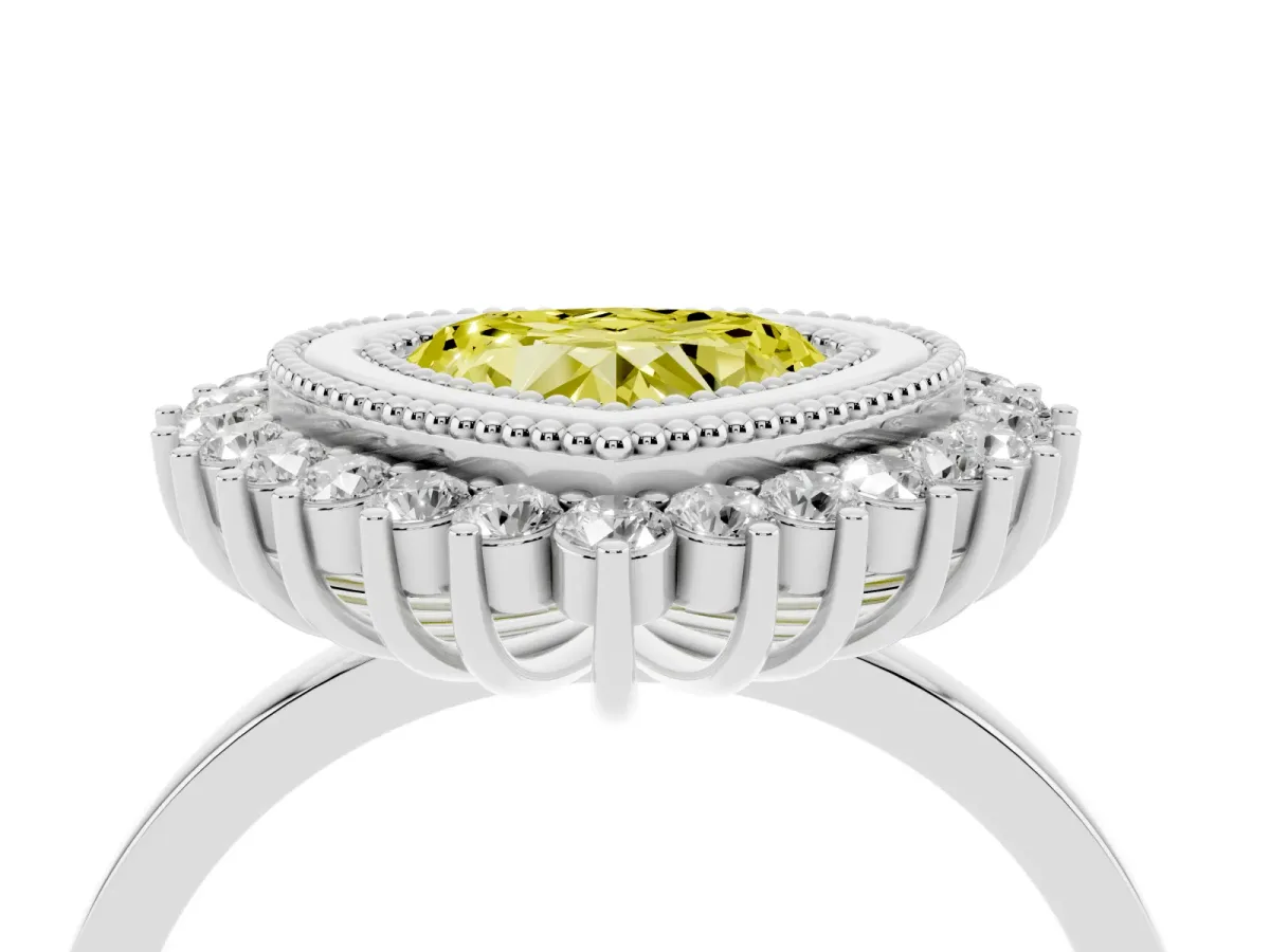 Fancy Yellow Heart Cut Halo Diamond Ring with Milgrain Edge and Round Prong Setting Silver