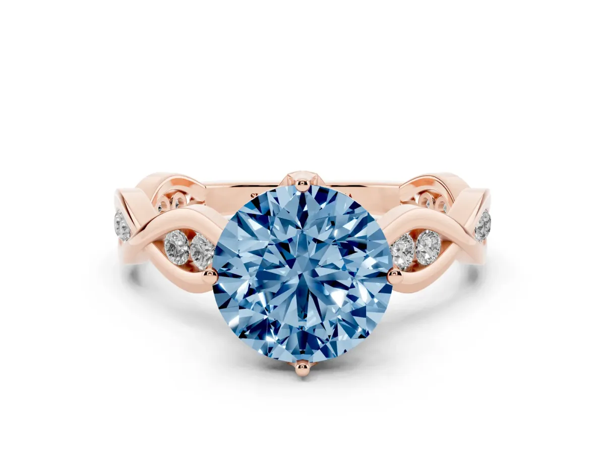 Fancy Blue Round Cut Solitaire Twist Band with Leaf Prong Setting Rose gold