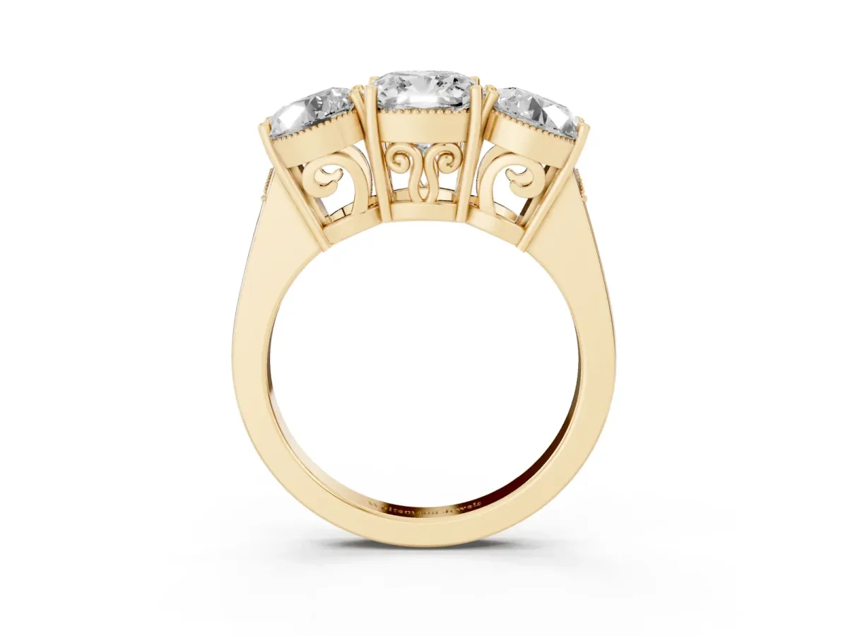 Three-Stone Cushion Cut Diamond Engagement Ring with Prong Setting on a Classic Band Yellow gold