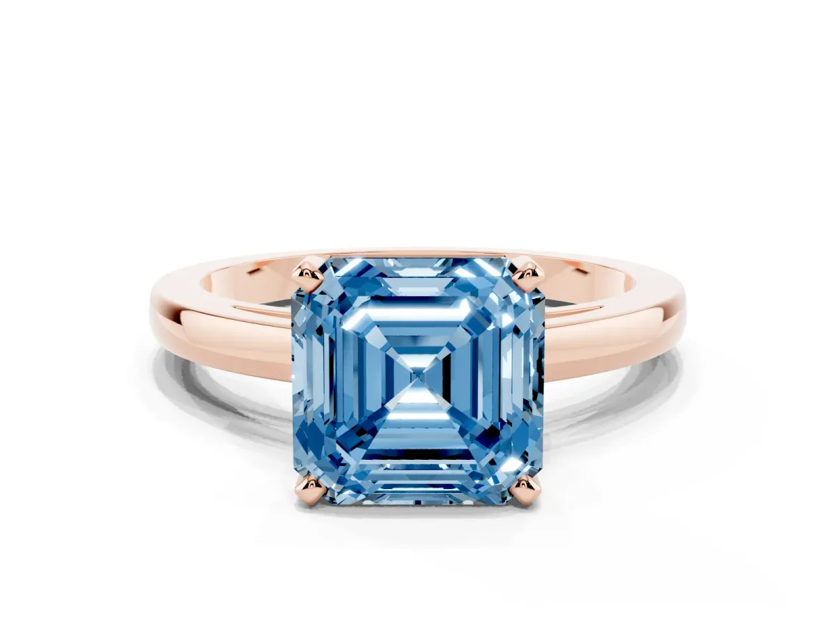 Fancy Blue Asscher Cut Solitaire Diamond Engagement Ring with Four-Prong Setting on a Classic Band Rose gold