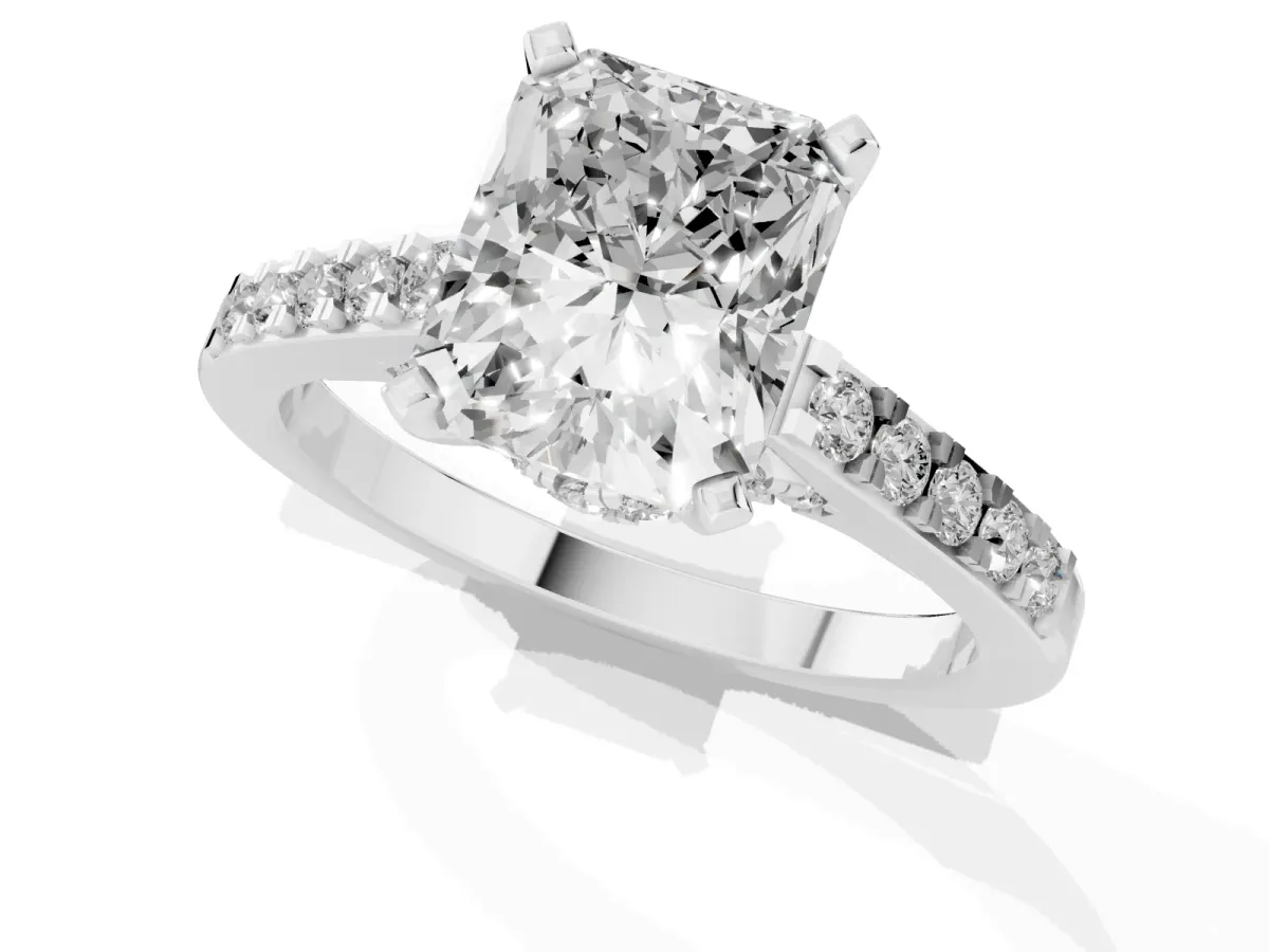 Radiant Cut Diamond Solitaire Ring with Crossover Gallery and Round Pavé Band Platinum