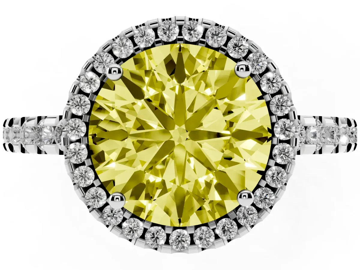 Fancy Yellow Round Cut Diamond Halo Engagement Ring with Pavé Band and Prong Setting Platinum