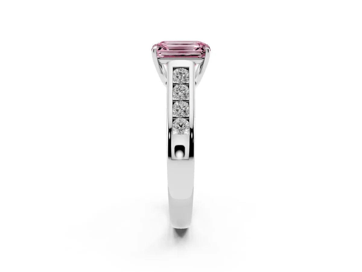 Fancy Pink Emerald Cut Brilliant Channel-Set Solitaire Ring with Four-Prong Setting Platinum