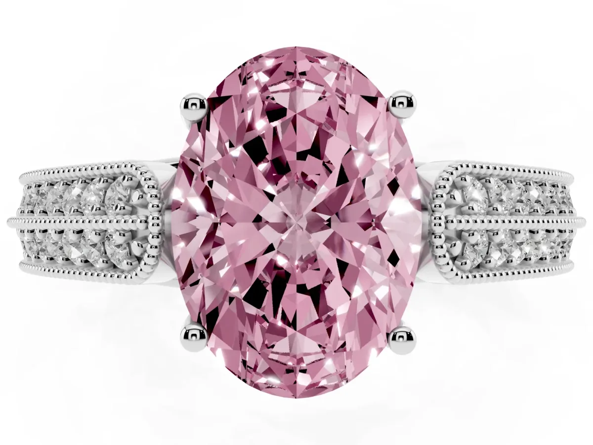 Fancy Pink Oval Cut Cut Pave Split Shank Engagement Ring with Four-Prong Setting White gold