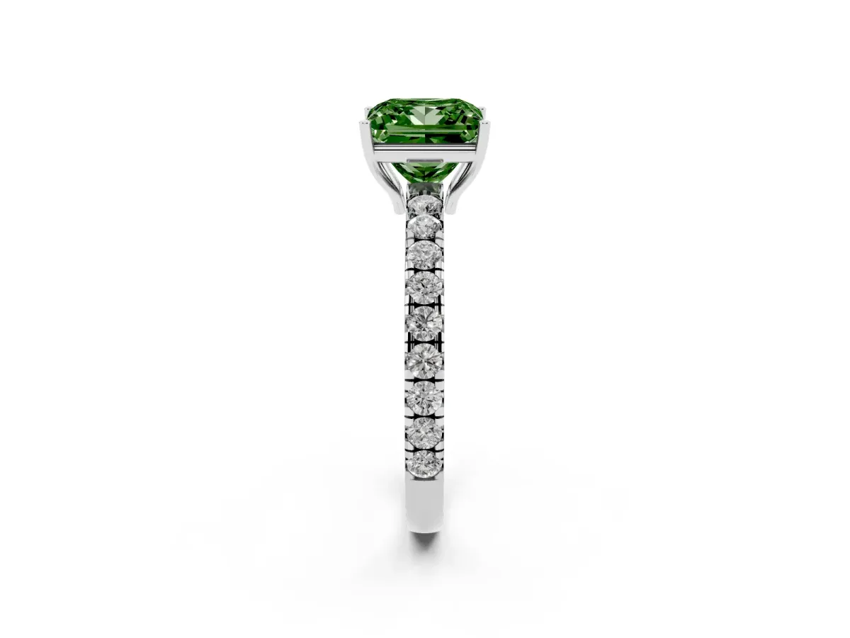 Fancy Green Princess Cut Diamond Pavé Solitaire Engagement Ring with Four-Prong Setting Silver