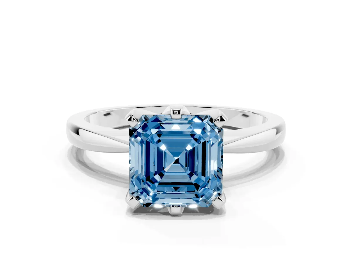 Fancy Blue Asscher Cut Solitaire Engagement Ring with Six-Prong Setting and Tapered Band White gold