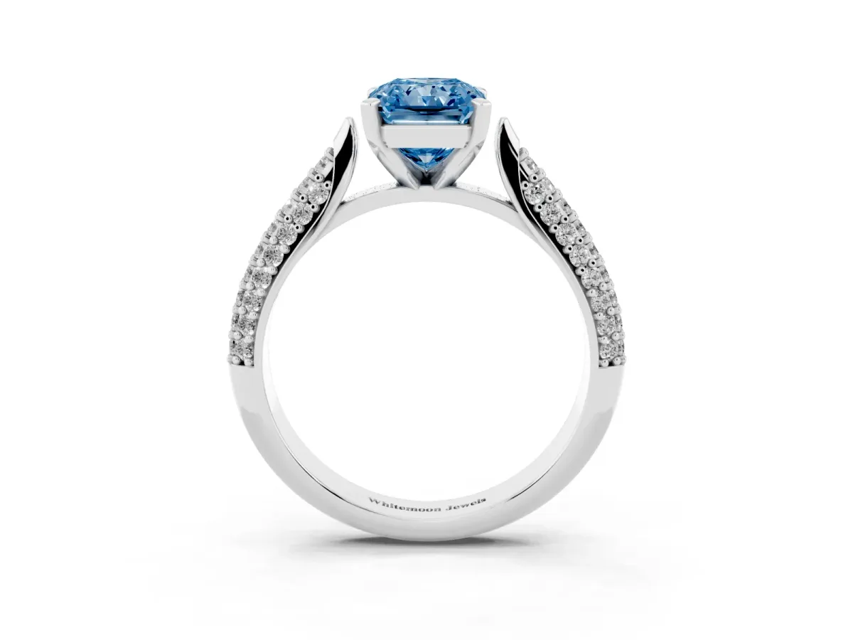 Fancy Blue Radiant Cut Diamond Solitaire Engagement Ring with Multi-Row Round Pavé Band and Prong Setting White gold