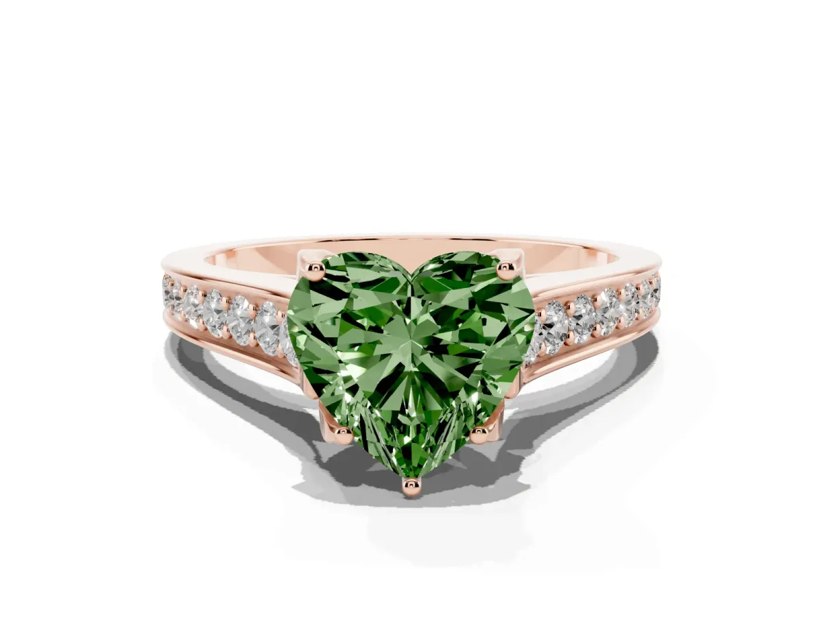 Fancy Green Heart Cut Brilliant Cut Diamond Engagement Ring with Pavé Band and Four-Prong Setting Rose gold