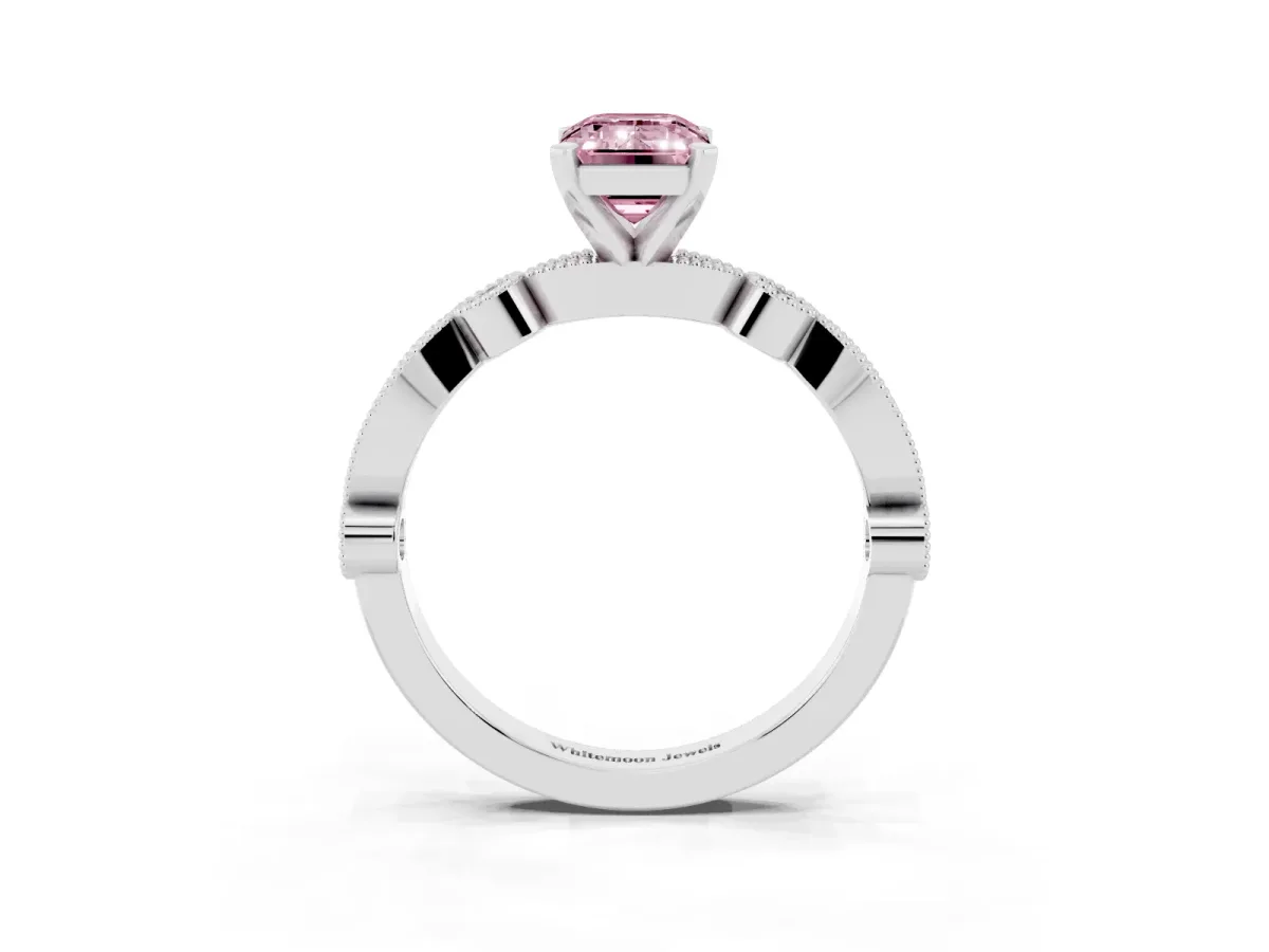 Fancy Pink Emerald Cut Milgrain Bezel Diamond Engagement Ring with Solitaire Prong Setting Silver