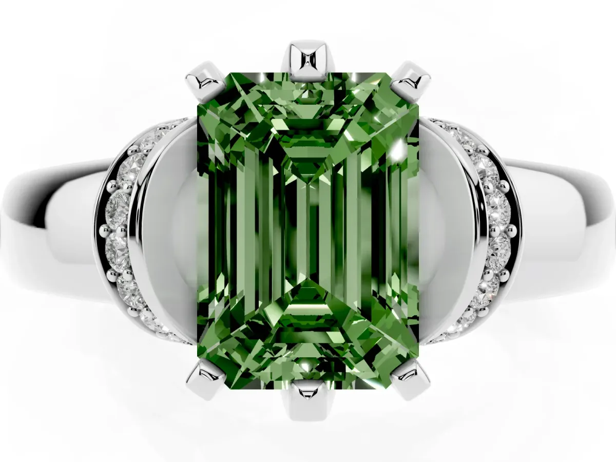 Fancy Green Emerald Cut Solitaire Diamond Ring with Pave Band and Six-Prong Setting Platinum