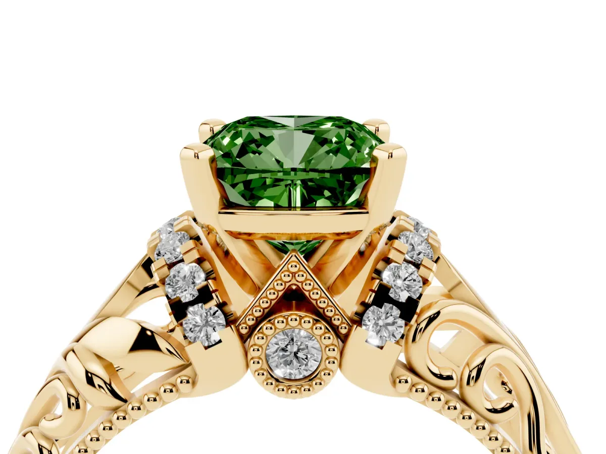 Fancy Green Cushion Cut Solitaire Filigree Engagement Ring with Halo and Prong Setting Yellow gold