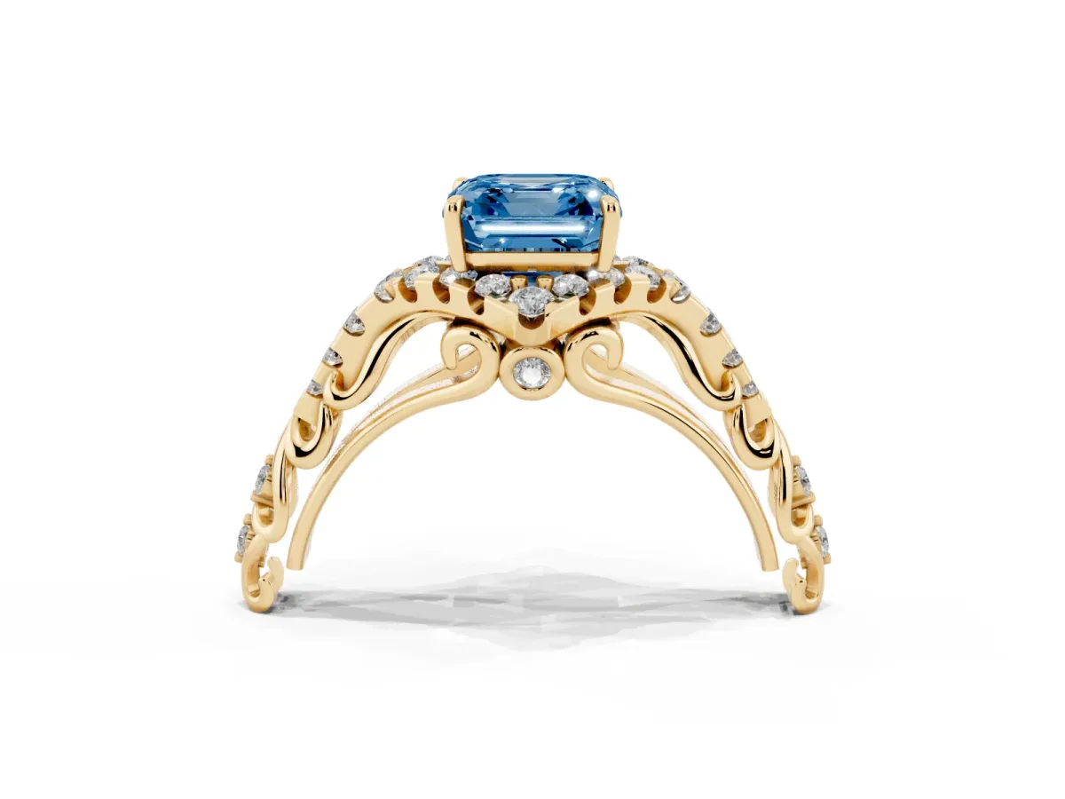Fancy Blue Asscher Cut Diamond Solitaire Ring with Hidden Halo and Pavé Band Yellow gold