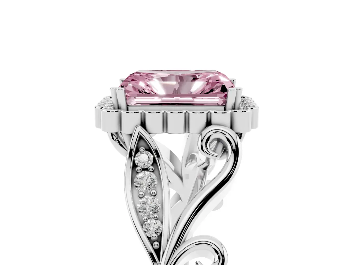 Fancy Pink Radiant Cut Diamond Halo Ring with Vintage Split Shank and Four-Prong Setting Silver