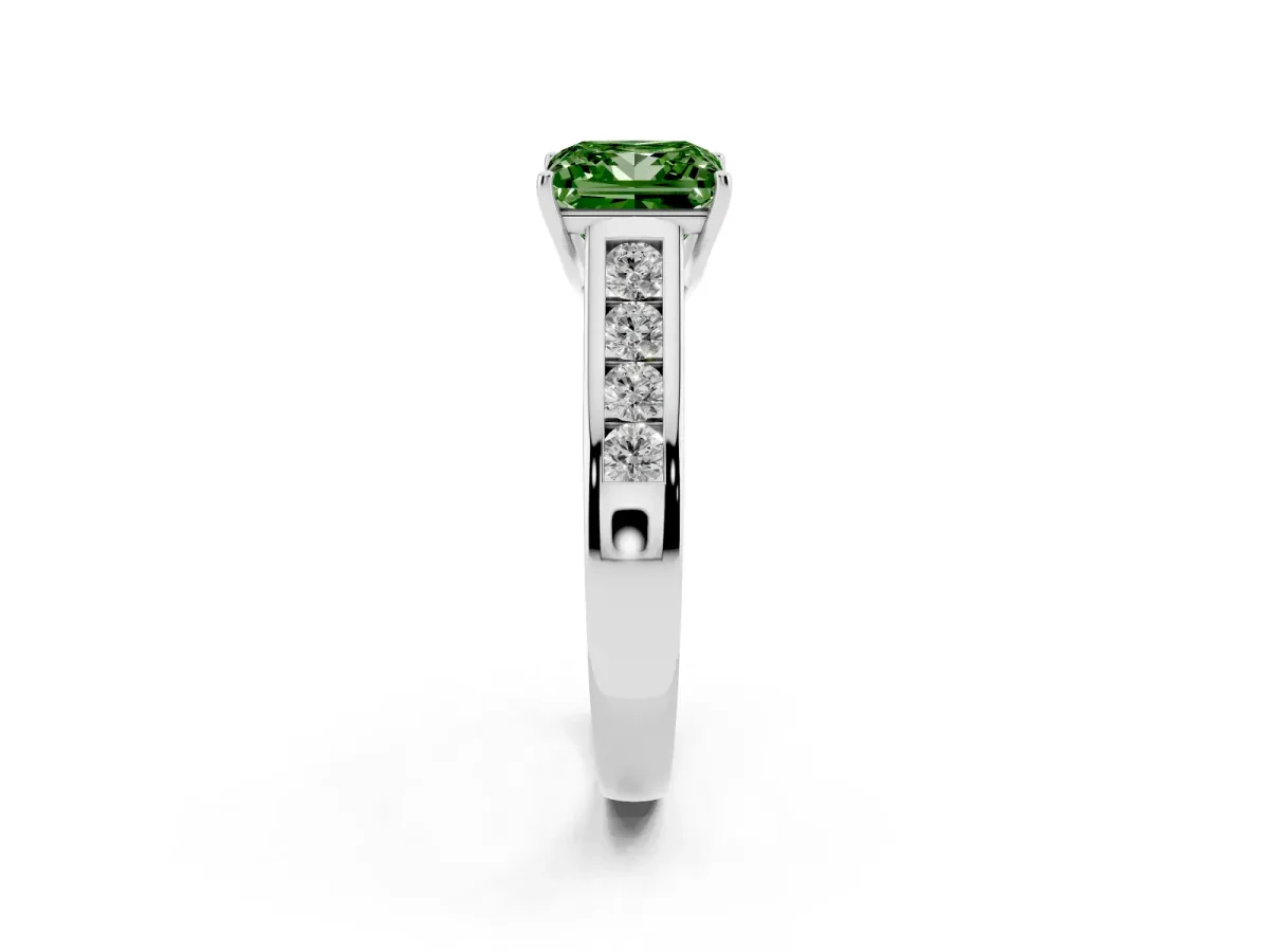 Fancy Green Princess Cut Brilliant Channel-Set Solitaire Ring with Four-Prong Setting Platinum