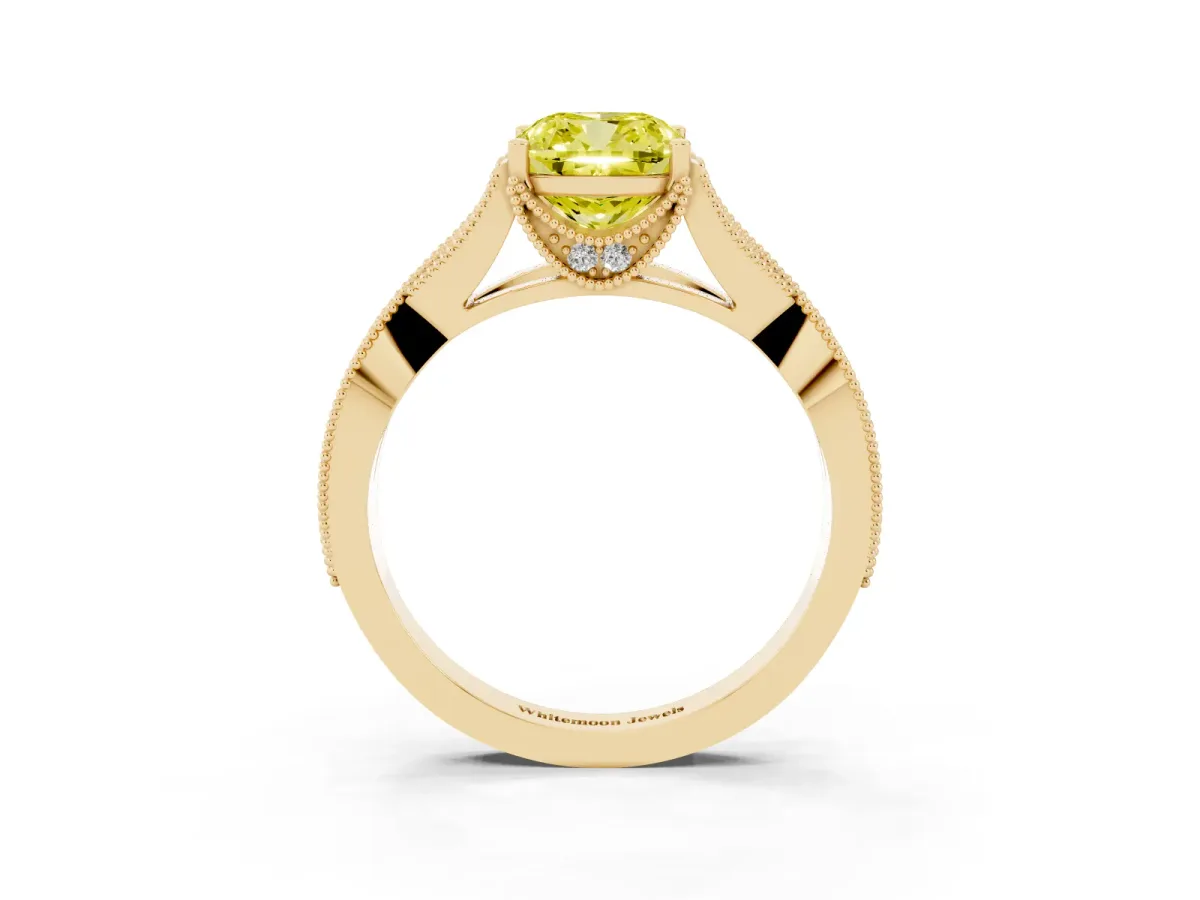Fancy Yellow Cushion Cut Cut Diamond Twisted Band with Milgrain Pave Setting and Four-Prong Setting Yellow gold