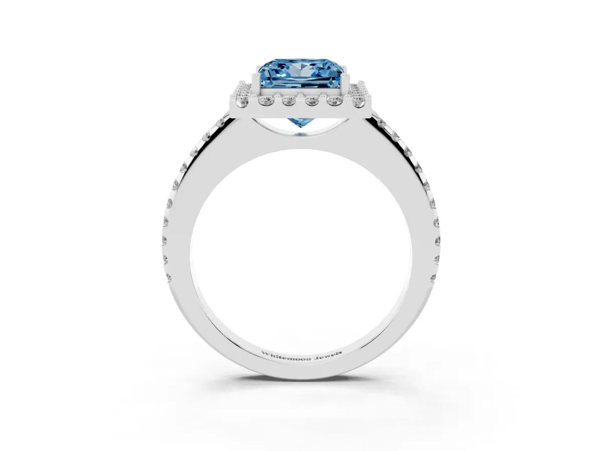 Fancy Blue Princess Cut Diamond Pavé Halo Ring with Four-Prong Setting Silver