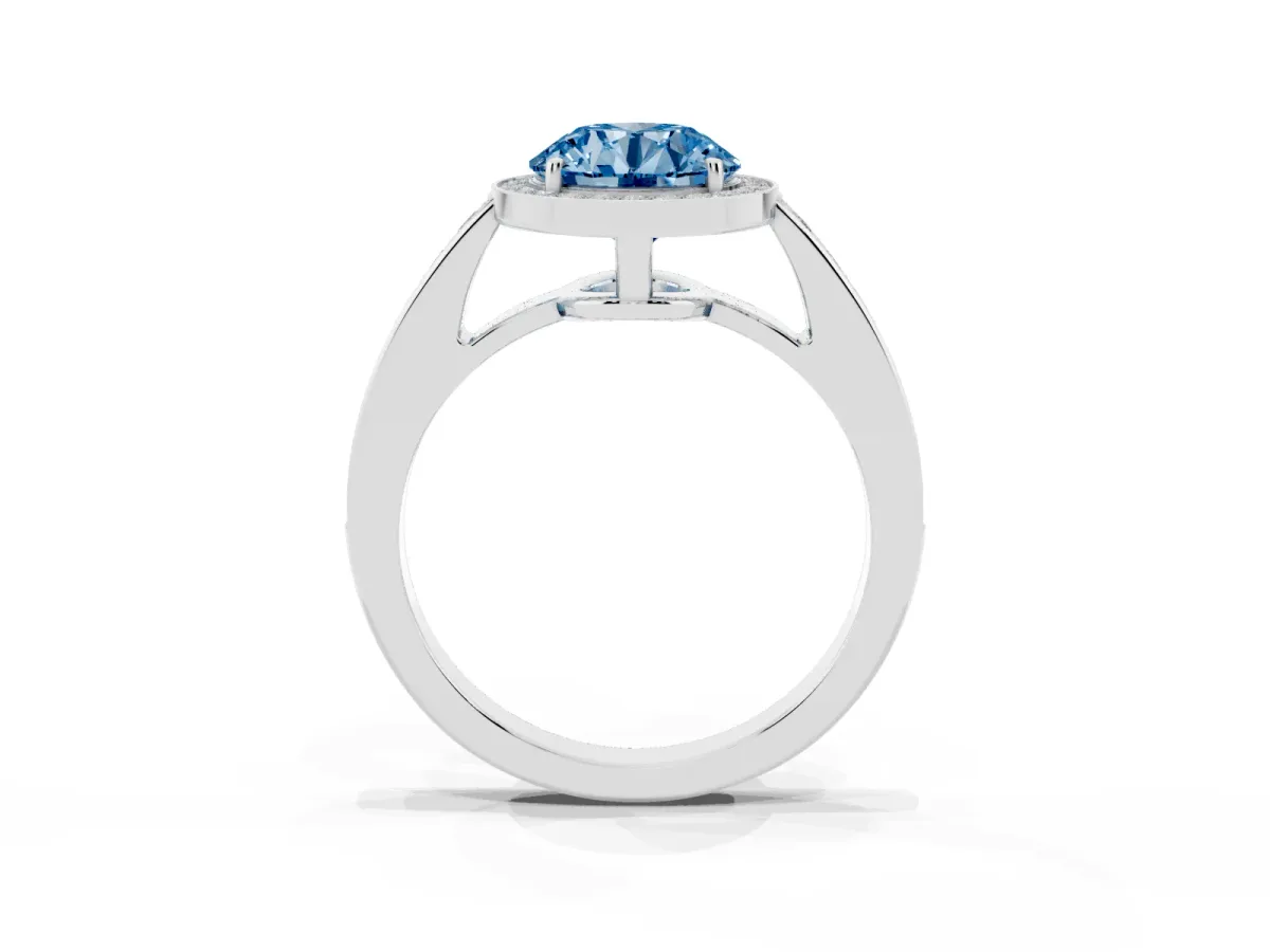 Fancy Blue Round Cut Halo Pavé Diamond Engagement Ring with Bezel Setting Silver
