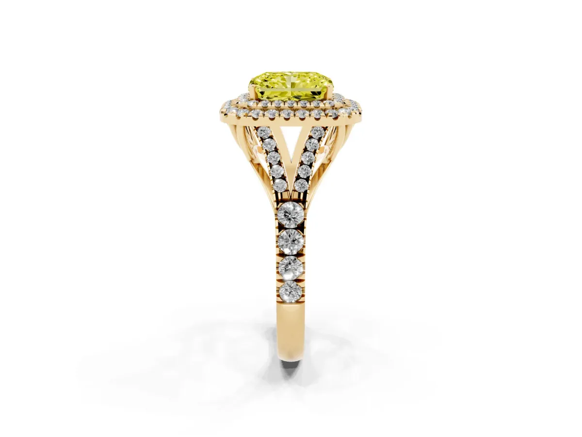 Fancy Yellow Radiant Cut Diamond Double Halo Ring with Split Shank and Prong Setting Yellow gold