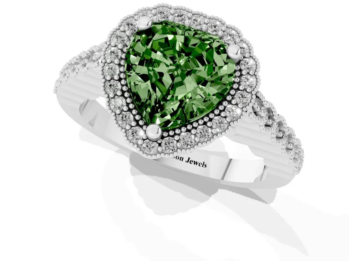 Fancy Green Heart Cut Cut Halo Pavé Solitaire Ring with Milgrain Band White gold